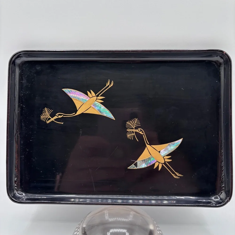 Zohiko Black‎ Lacquer Tray Gold Crane Japanese Mother of Pearl Inlay 6.75x4.5